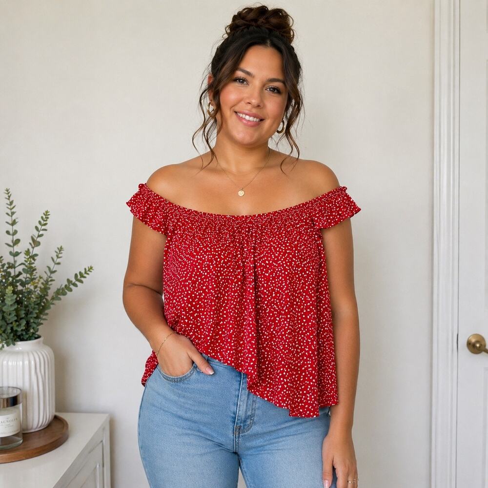 Shein Red White Ditsy Print Off Shoulder Blouse Top Sz 4